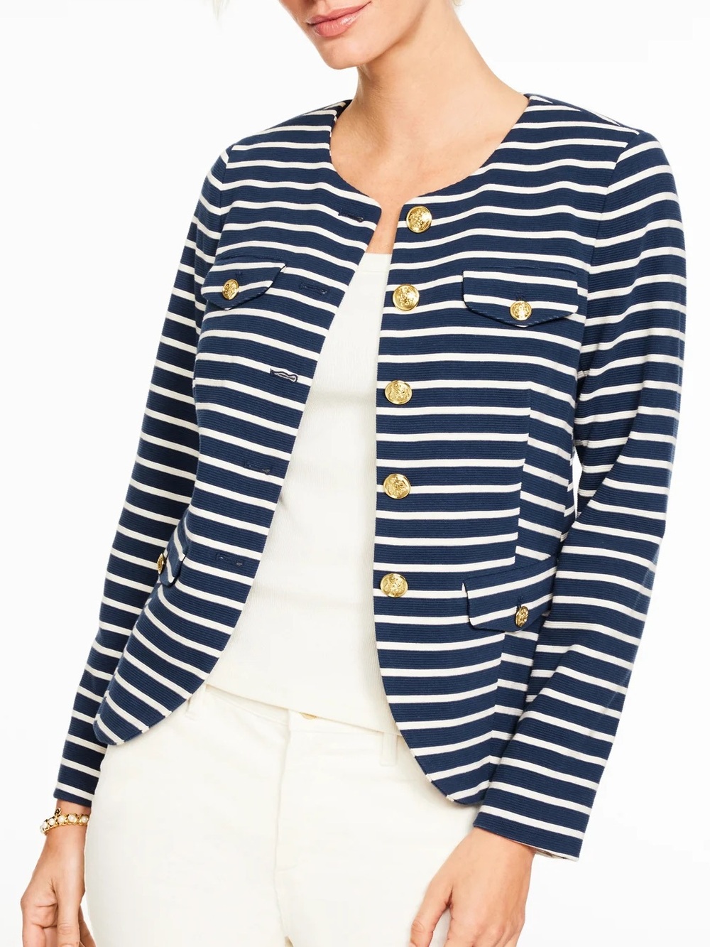 Talbots Navy and White Knit Striped Nautical Blazer Jacket with Gold Buttons 18W